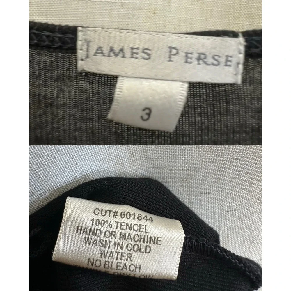 James Perse Tencel Solid Black Ruched Midi Dress Womens Size 3 Minimalist LBD